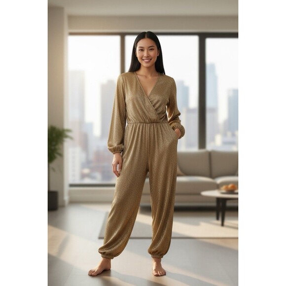 Haven Hearts Gold Metallic Jumpsuit Size 2X Women's Long Sleeve - Picture 1 of 7